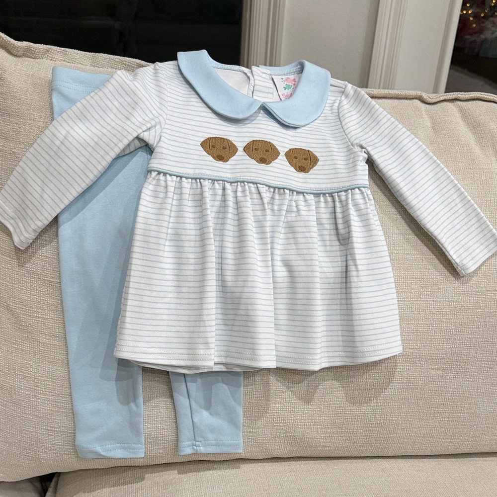 Stitchy Fish Striped Tunic and Leggings with Dog Embroidery